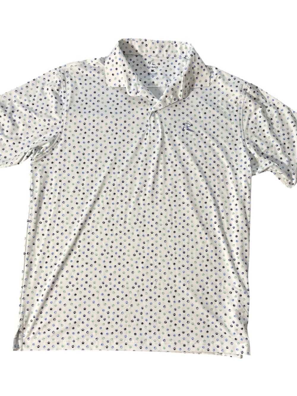 Rhoback White Performance Polo Blue and Green All-Over Paw Print “The Pup” XL